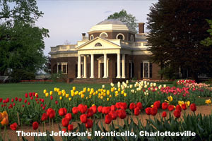 Monticello in spring with flowers blooming in the garden